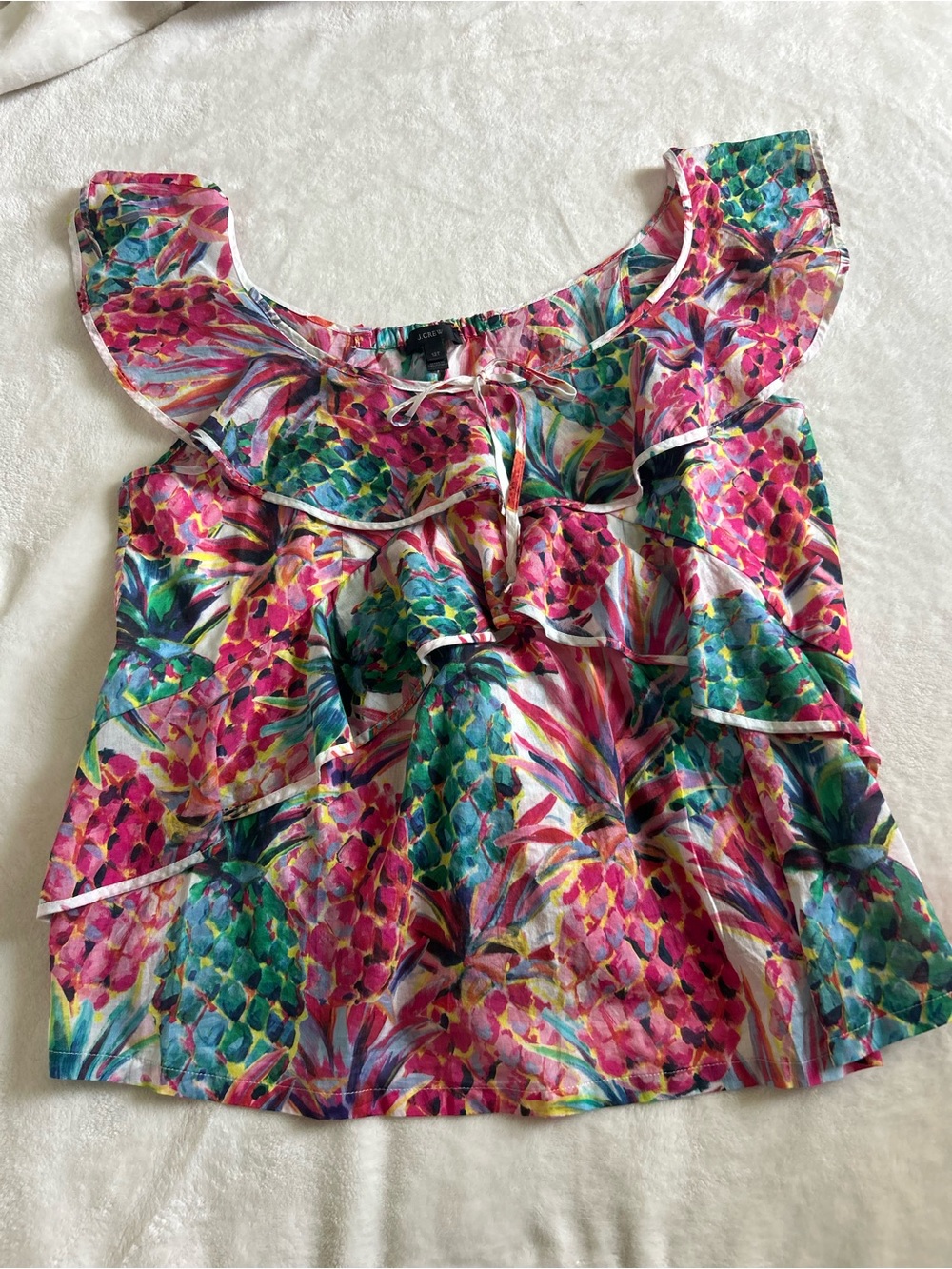 J. Crew Ruffle Top Pink Off-Shoulder Tropical Pineapple Print Top Cotton Size 12 - Picture 7 of 10